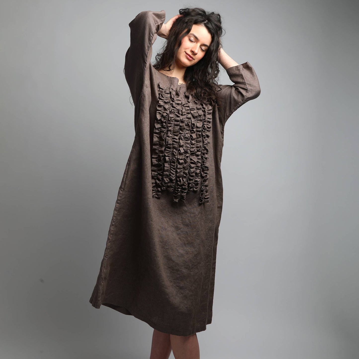 Maxi Boxy Linen Dress with Front Ruffles