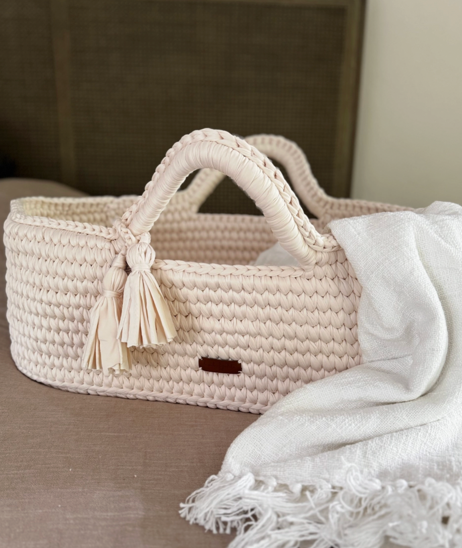 Hand woven baby bassinet with wooden stand