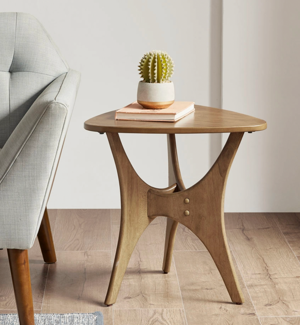 Modern Mid-Century Triangular Wood Side Table, Natural