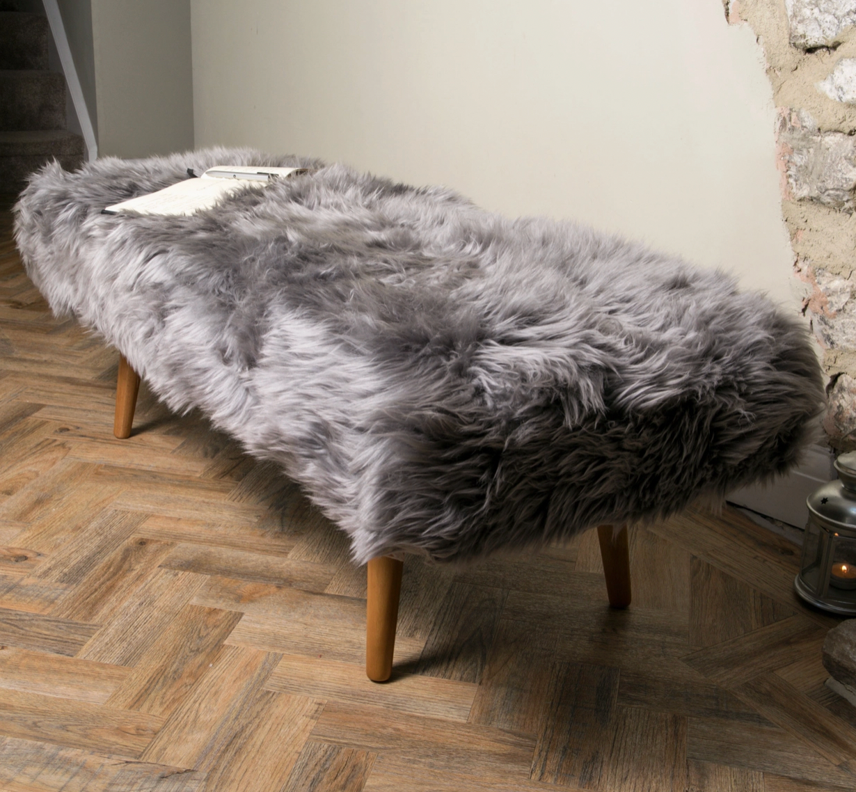 Shearling Sheepskin Grey End of Bed Bench