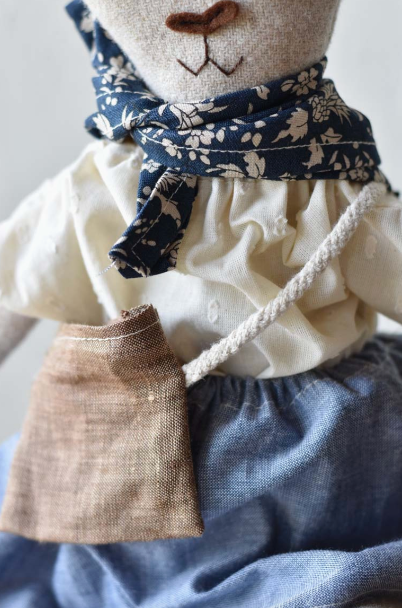 Ruthie the Rabbit – Handmade Wool Doll in Chambray Skirt