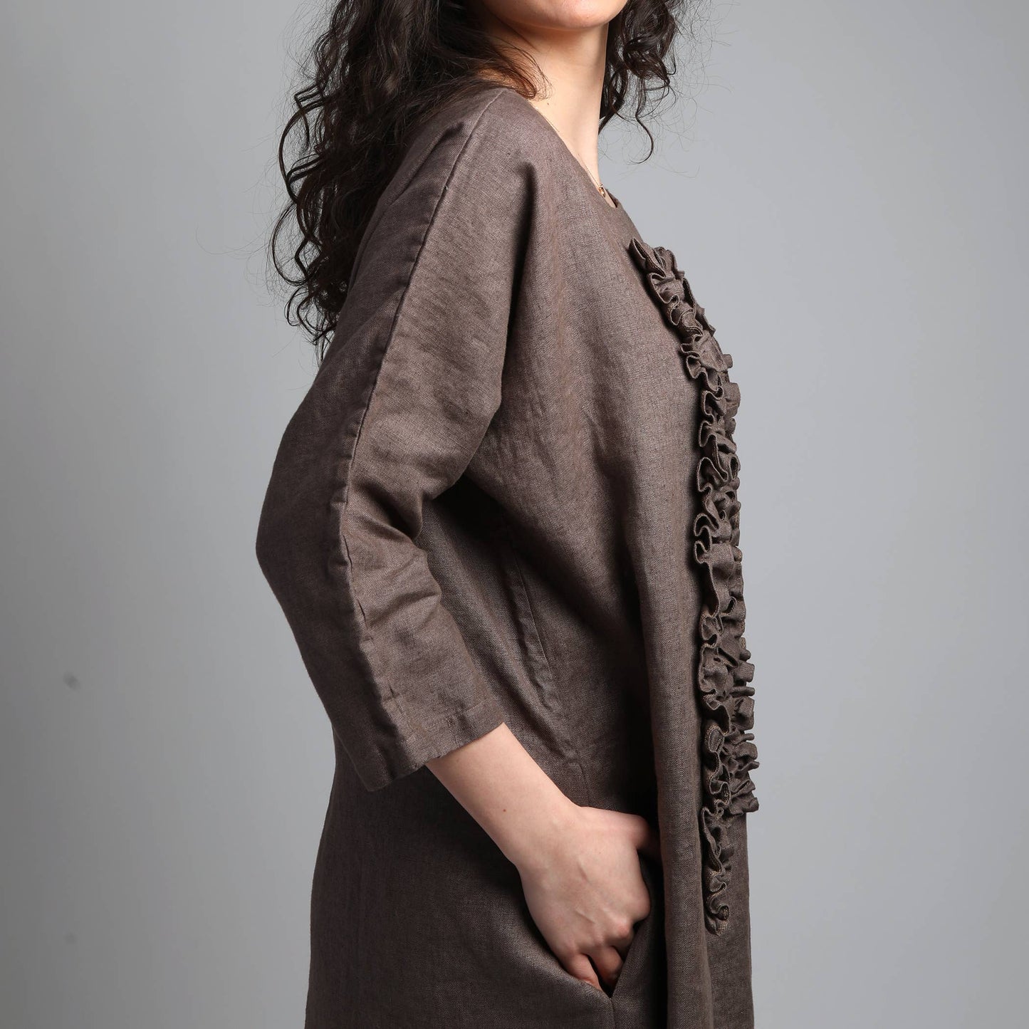 Maxi Boxy Linen Dress with Front Ruffles 