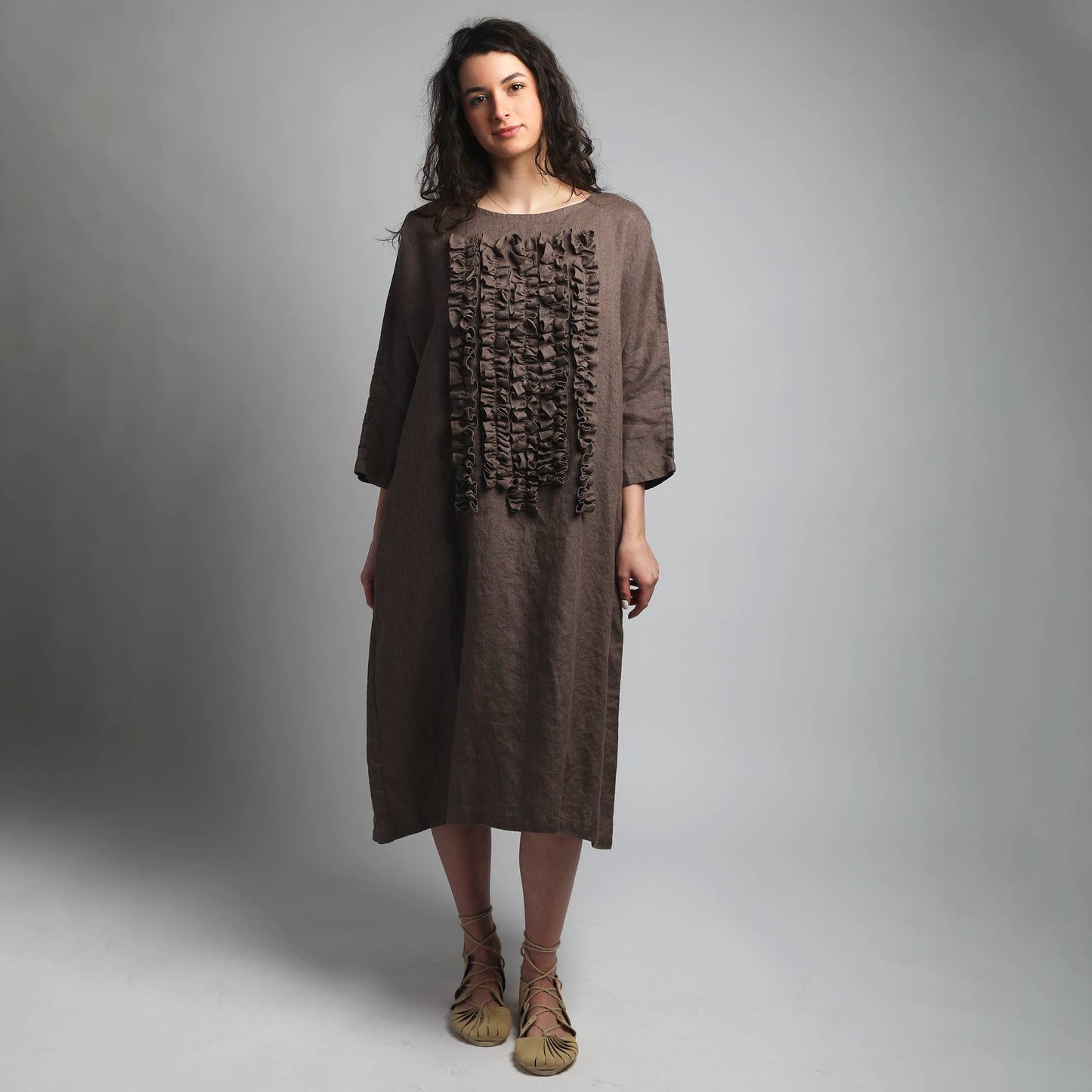 Maxi Boxy Linen Dress with Front Ruffles 