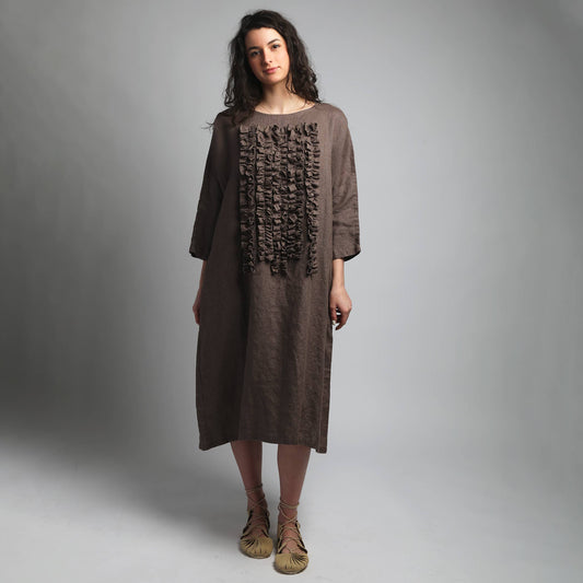 Maxi Boxy Linen Dress with Front Ruffles 