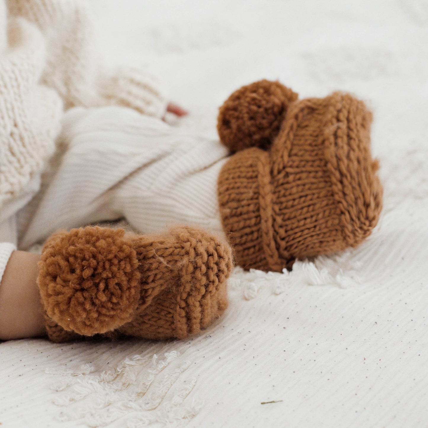 Garter Stitch Baby Booties Pecan with Pom Poms