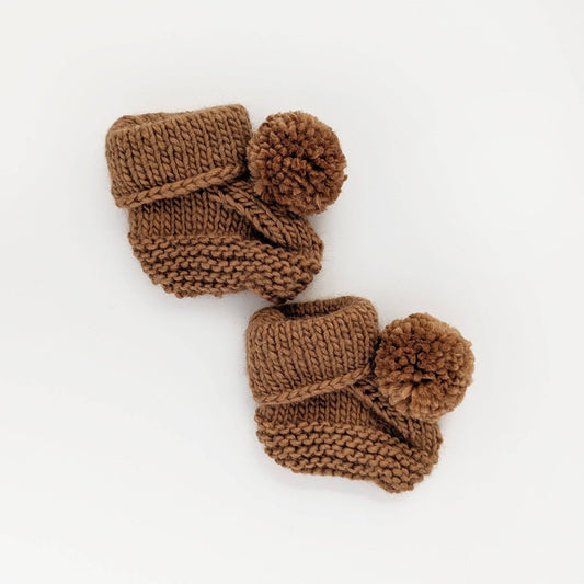 Garter Stitch Baby Booties Pecan with Pom Poms