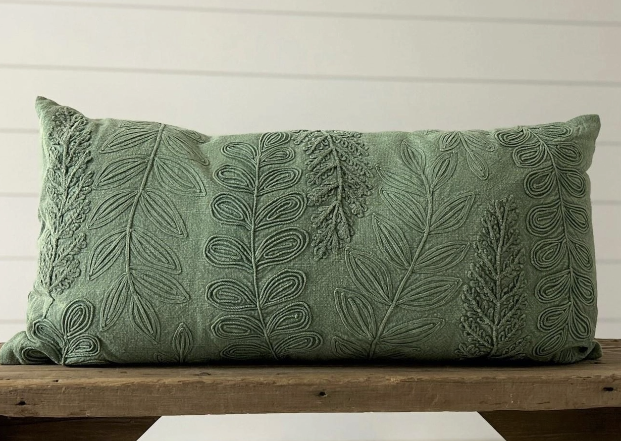 Green Lumbar pillow with embroidery