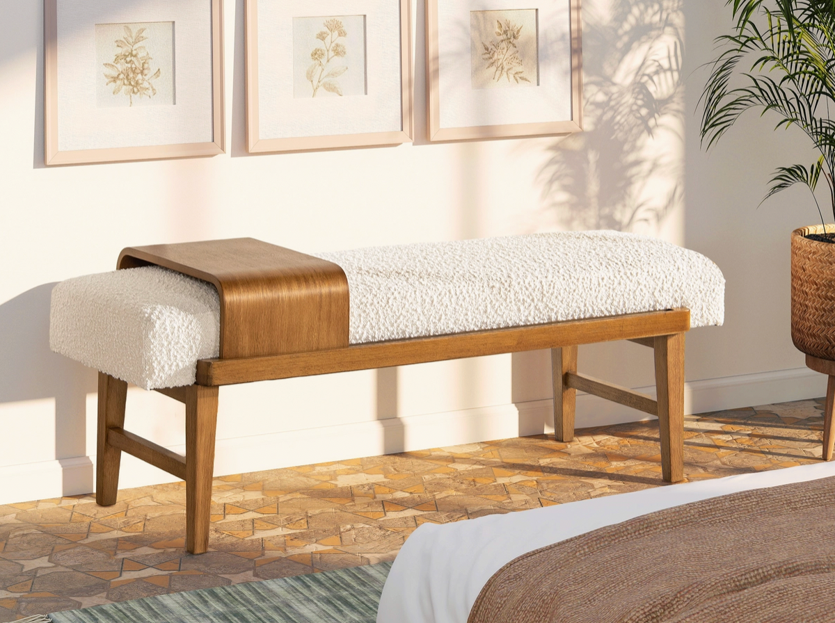 Modern Telephone Bench with Sliding Shelf Boucle
