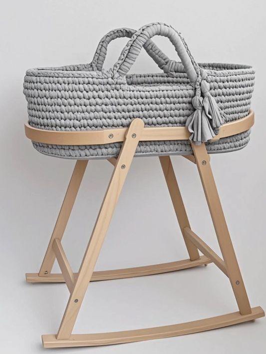 Hand woven baby bassinet with wooden stand