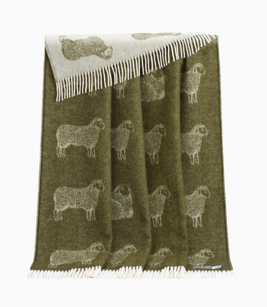Sheep Mossy Green Pure Wool Throw