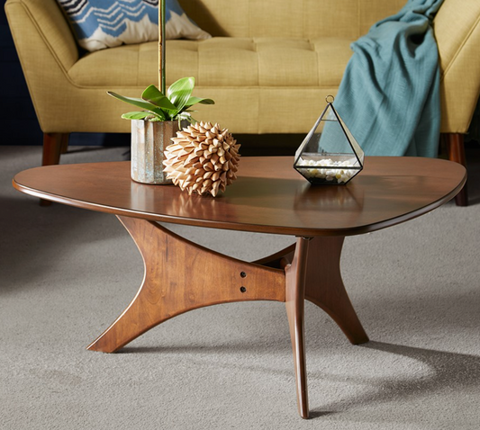 Modern Mid-Century Triangular Wood Coffee Table, Pecan