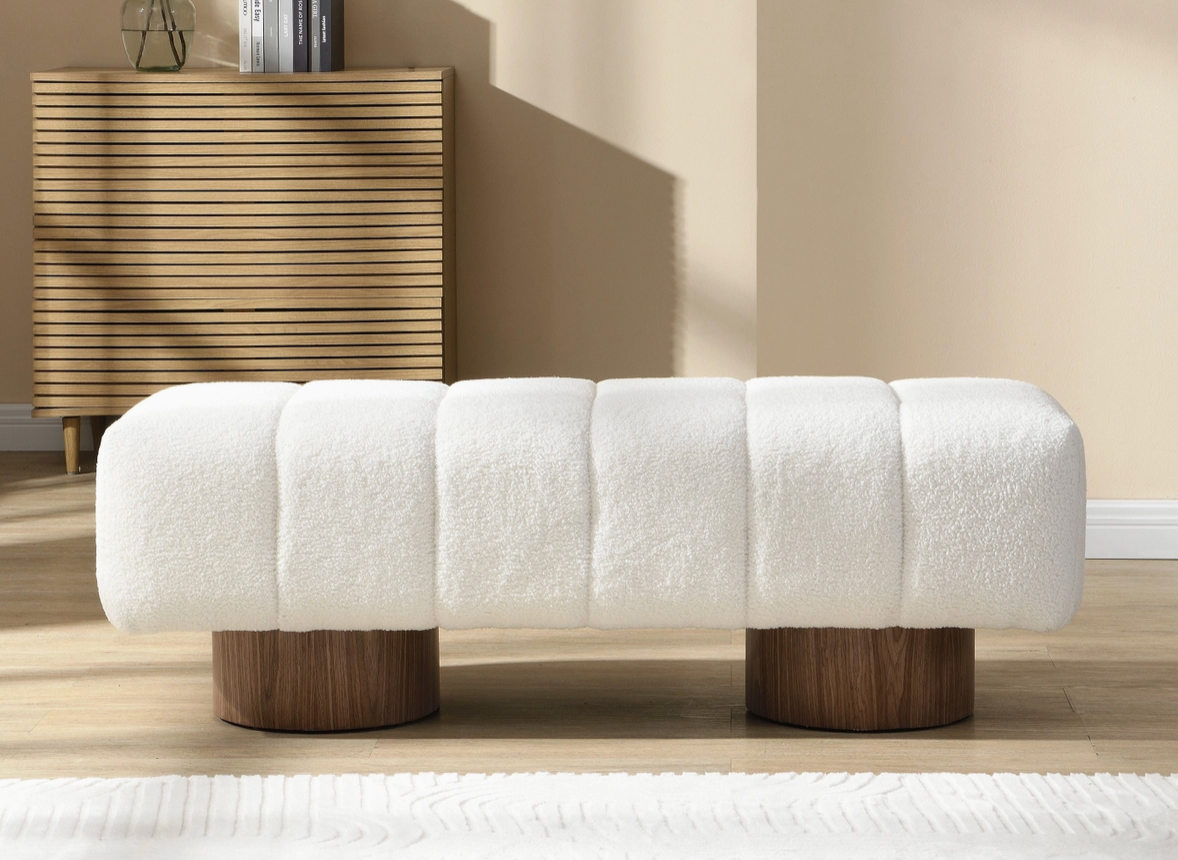 White Boucle Upholstered Bench