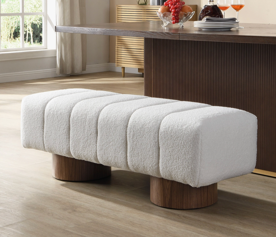 White Boucle Upholstered Bench