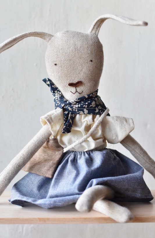 Ruthie the Rabbit – Handmade Wool Doll in Chambray Skirt
