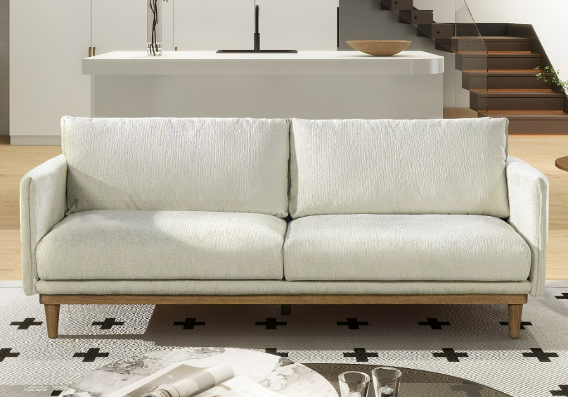 Oak and Marbled Gray Chenille Sofa