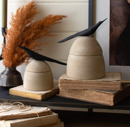 Clay Canister with Wooden Bird Handles