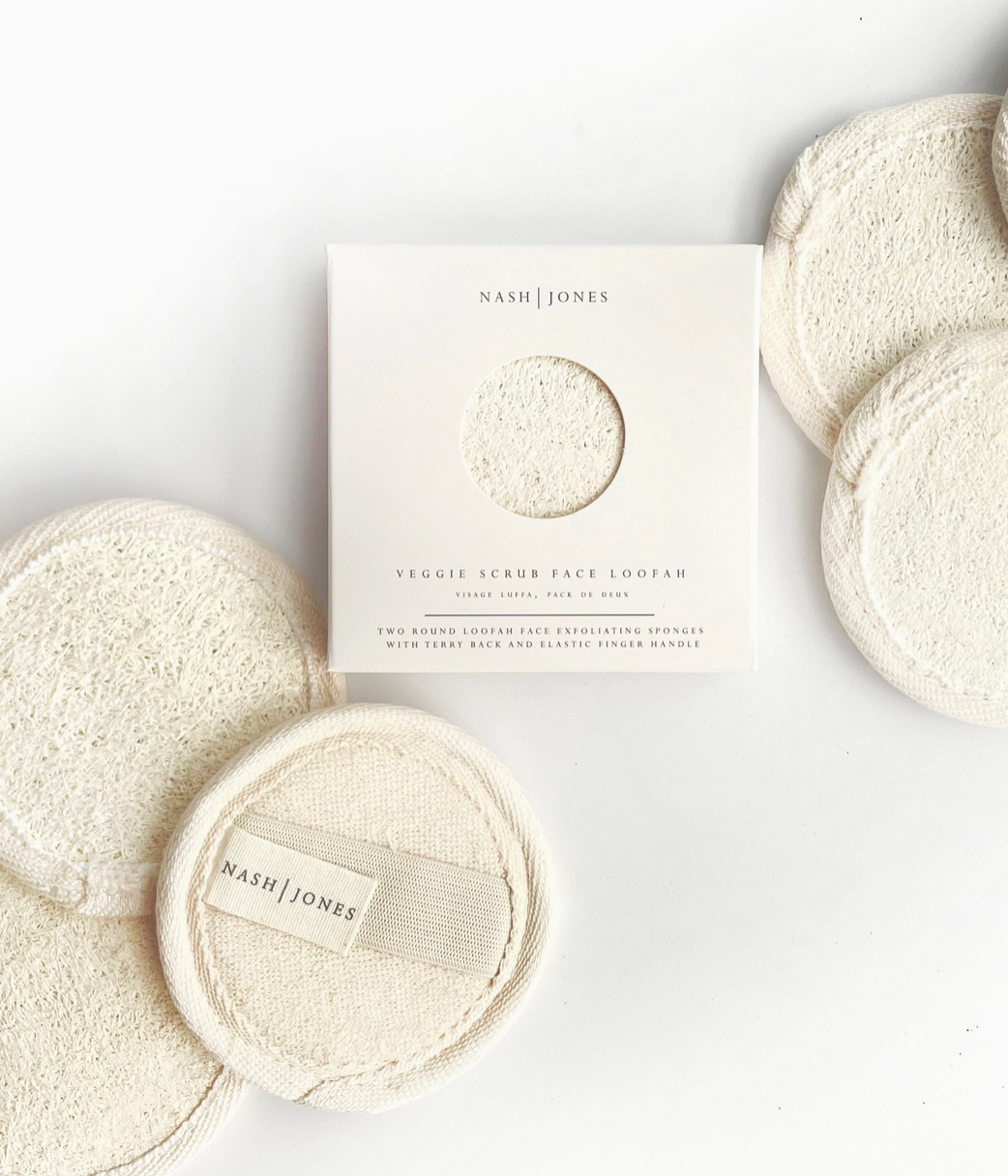 Nash Jones veggie scrub face loofahs with packaging on a white background