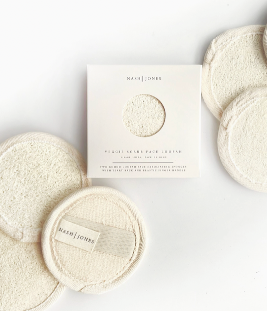 Nash Jones veggie scrub face loofahs with packaging on a white background