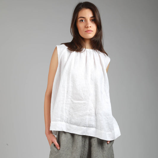 VIVA Loose Flared Linen Top with Gathered Neck