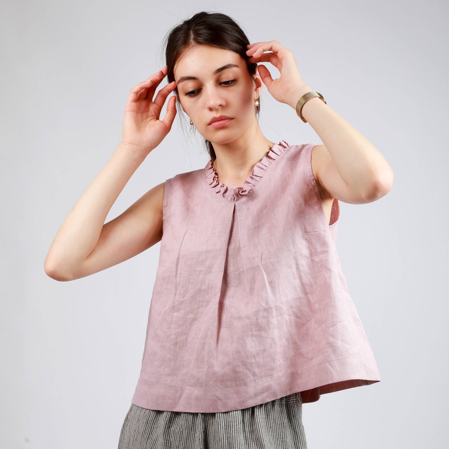 CLEO Linen Top with Ruffled V-Neck