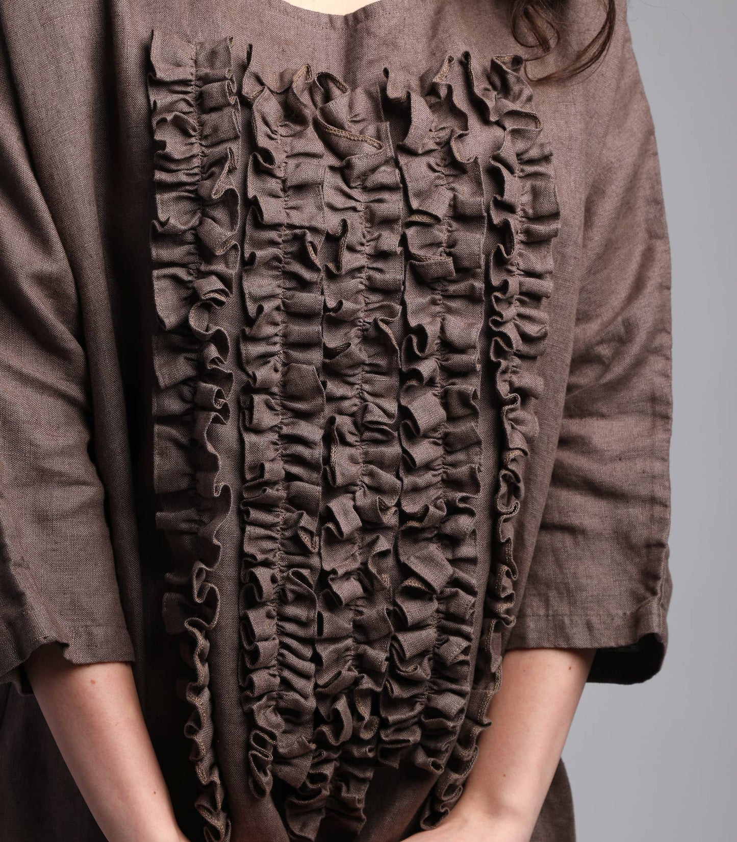 Maxi Boxy Linen Dress with Front Ruffles 